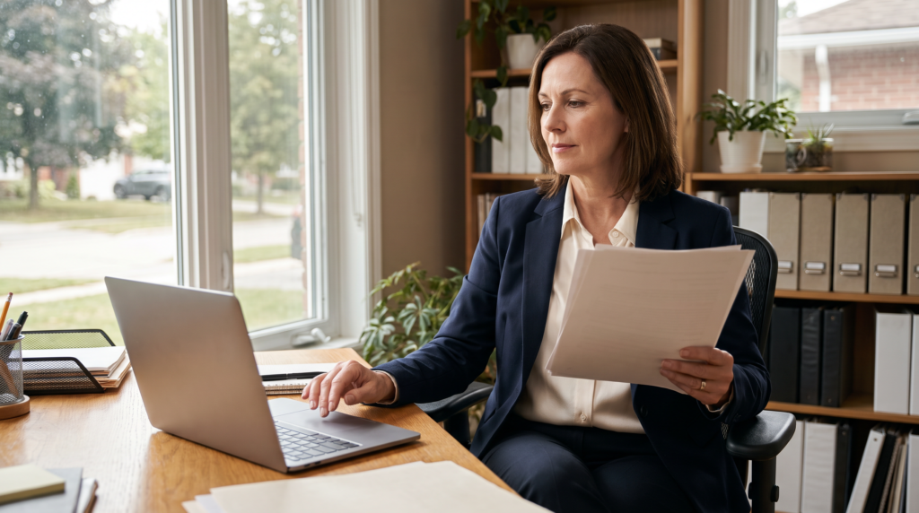 Incorporated professional reviewing individual pension plan and RRSP paperwork at a home office desk in Canada
